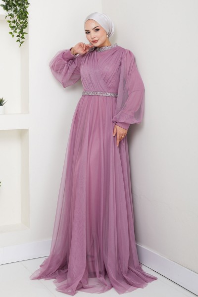 Yaka ve Bel Taş Detaylı Büyük Beden Tesettür Abiye Esna - Lavanta